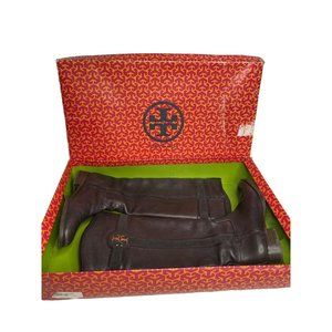 TORY BURCH ALAINA SMOKE Brown Pebbled Leather Riding Flat Boots Size 7.5